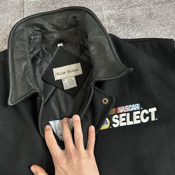 Men's Vintage NAPA Select NASCAR Black Leather Wool Varsity Bomber Jacket Sz XL - Picture 2 of 4